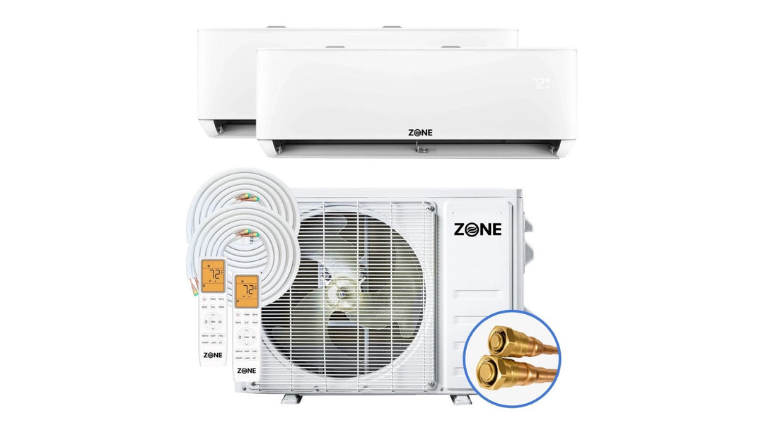 Zone Air dual zone DIY mini split kit with two wall-mount indoor units, one outdoor condenser, two pre-charged line sets with quick connect fittings and two remotes