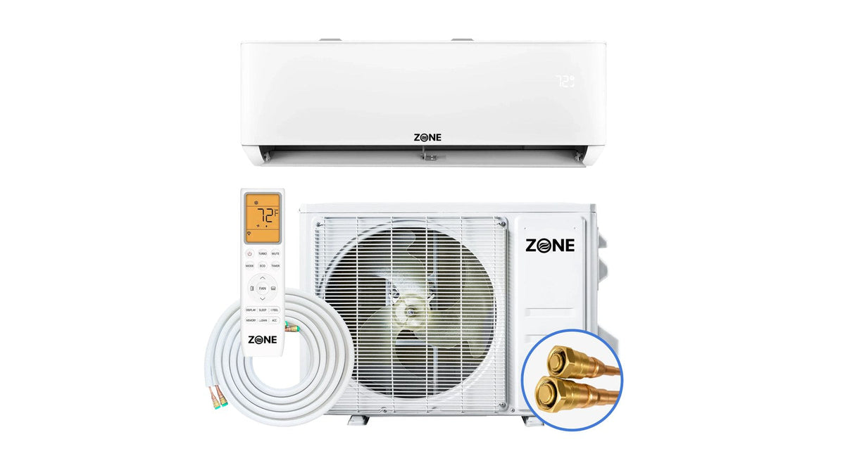 Zone Air 115V DIY mini split kit with wall-mount indoor unit, outdoor condenser, remote and coiled pre-charged line set with quick-connect fittings