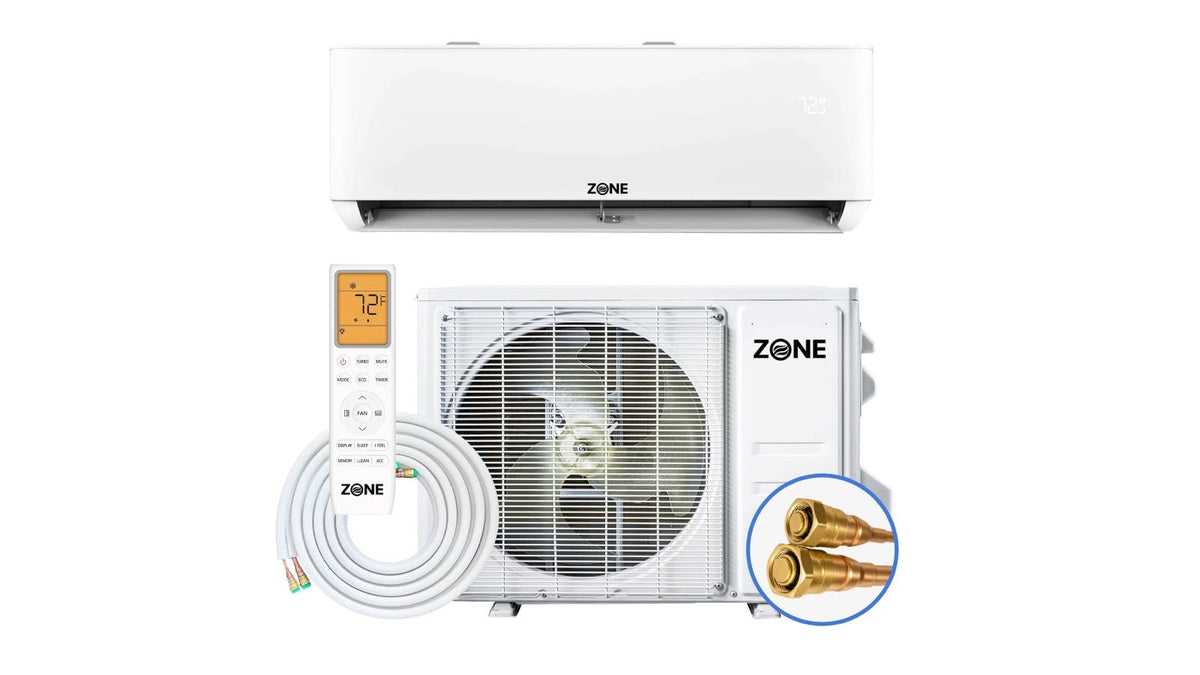 Zone Air DIY mini split heat pump system for heating: wall-mounted indoor unit, outdoor condenser, pre-charged quick-connect line set and remote