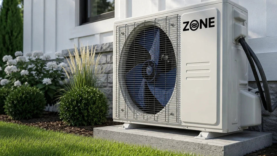 Zone Air outdoor condenser on a concrete pad beside a white house, part of a DIY mini split system with pre-charged line set