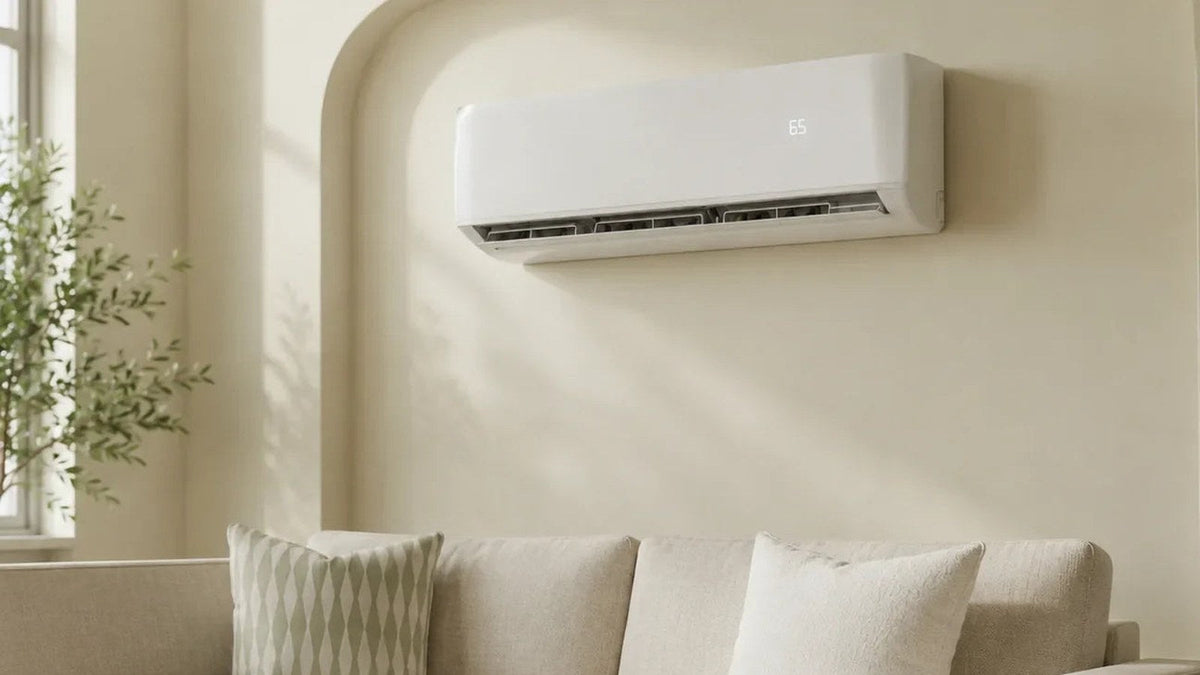 Zone Air wall-mounted indoor unit above a living room sofa, one zone of a dual zone DIY mini split system