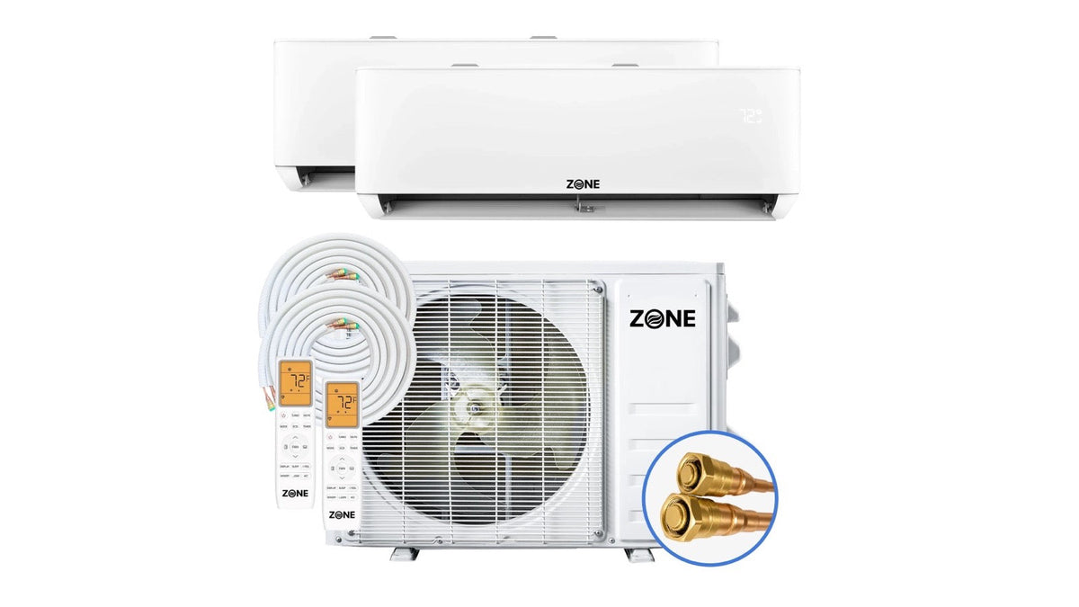 Zone Air dual zone precharged mini split system with two wall-mount indoor units, outdoor condenser, line sets and quick connect fittings