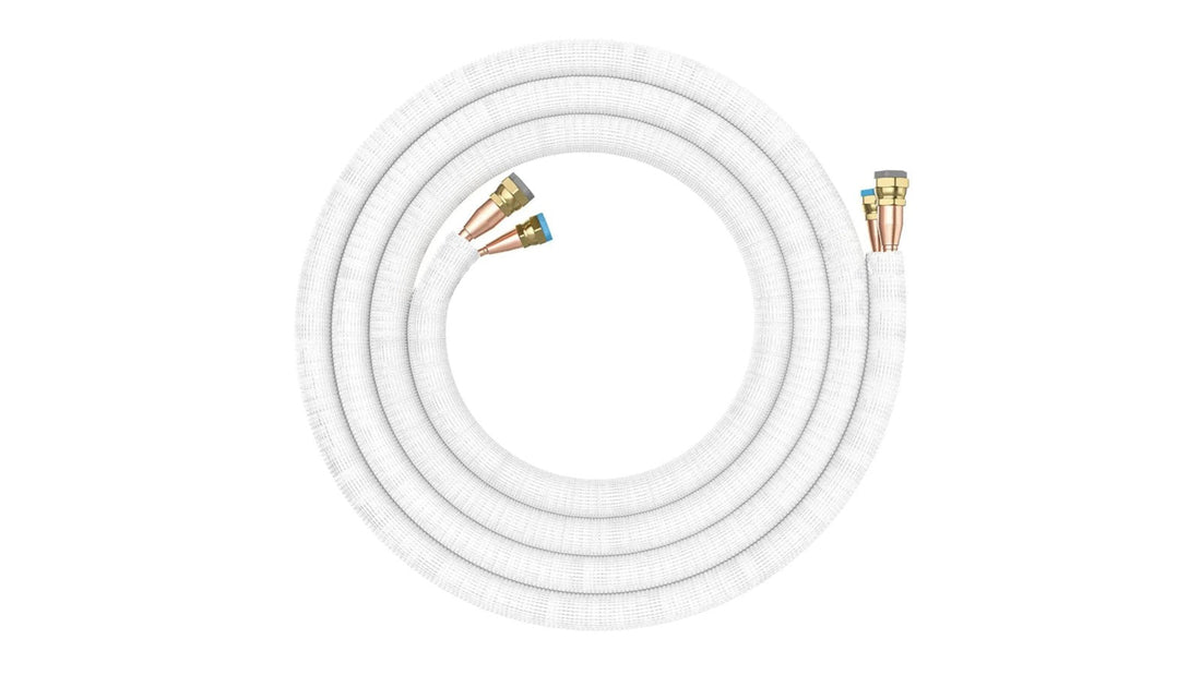 Coiled pre-charged line set with brass quick-connect fittings on both ends, the part that makes a precharged mini split a DIY install
