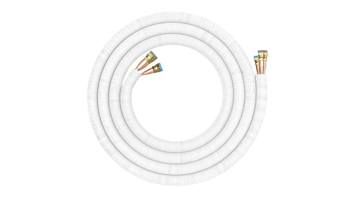 Coiled pre-charged line set with brass quick-connect fittings on both ends, the part that makes a precharged mini split a DIY install