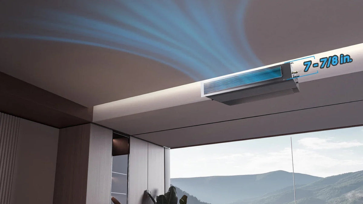 Zone Air Thin-Air hidden ducted mini split air handler, 7-7/8 inches tall, set into a ceiling soffit