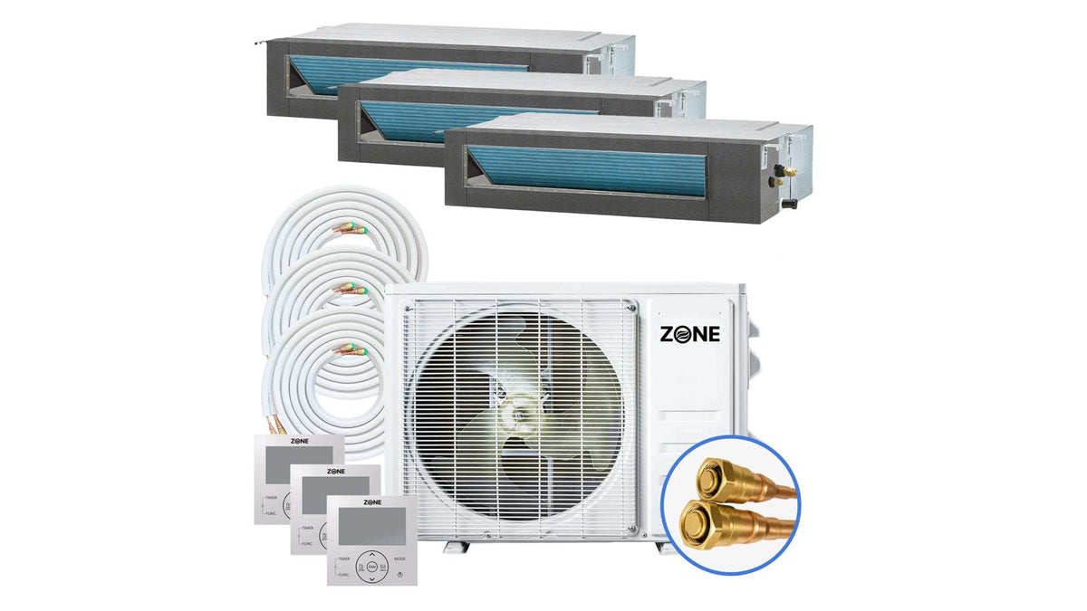 Zone Air three zone concealed ducted mini split kit with three slim duct air handlers, outdoor condenser, pre-charged line sets and wired controllers