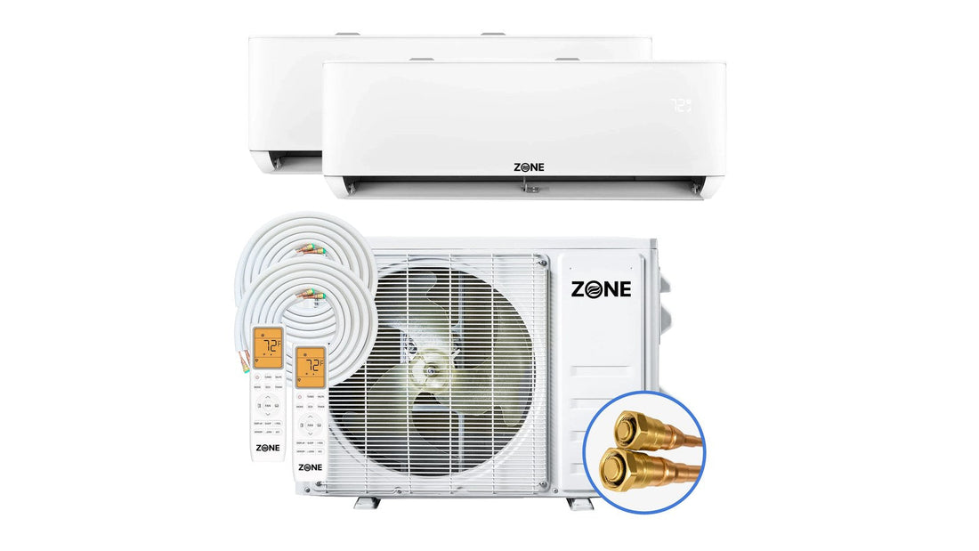 Zone Air two zone DIY mini split kit: two wall-mounted indoor units, 27K outdoor condenser, two pre-charged line sets, two remotes and a quick-connect coupler close-up