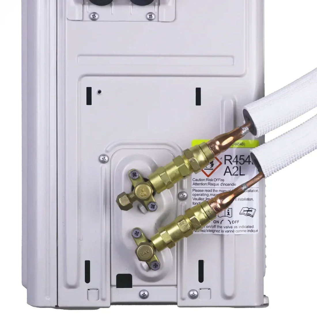 Pre-charged quick connect line set fittings connected to a Zone Air DIY mini split outdoor condenser