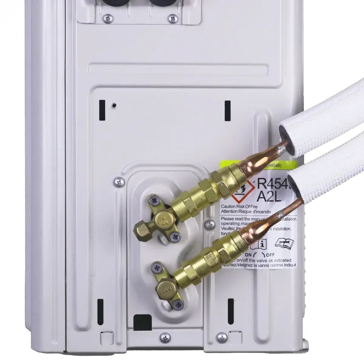 Pre-charged quick connect line set fittings connected to a Zone Air DIY mini split outdoor condenser