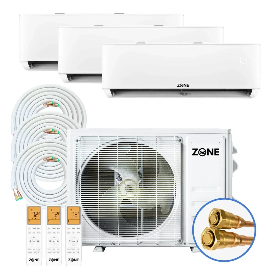 Best DIY multi-zone mini split system: Zone Air 3 zone kit with three wall mount heads, condenser and pre-charged quick connect linesets