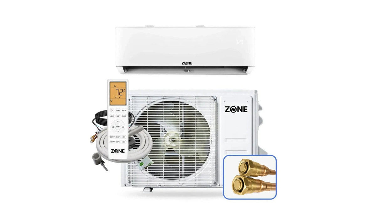 Zone Air wall-mount DIY mini split kit with indoor unit, outdoor condenser, remote, pre-charged line set and quick-connect fittings