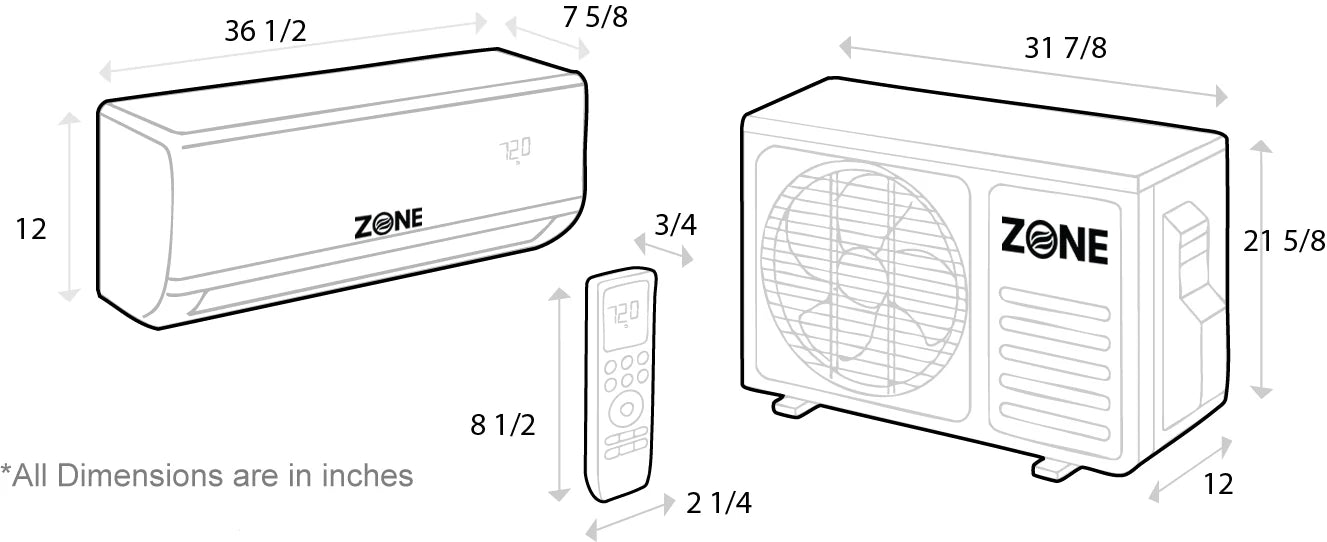 Zone Air DIY 12,000 BTU 24 SEER2 230V Wall Mount Ductless Mini-Split H - unit dimensions