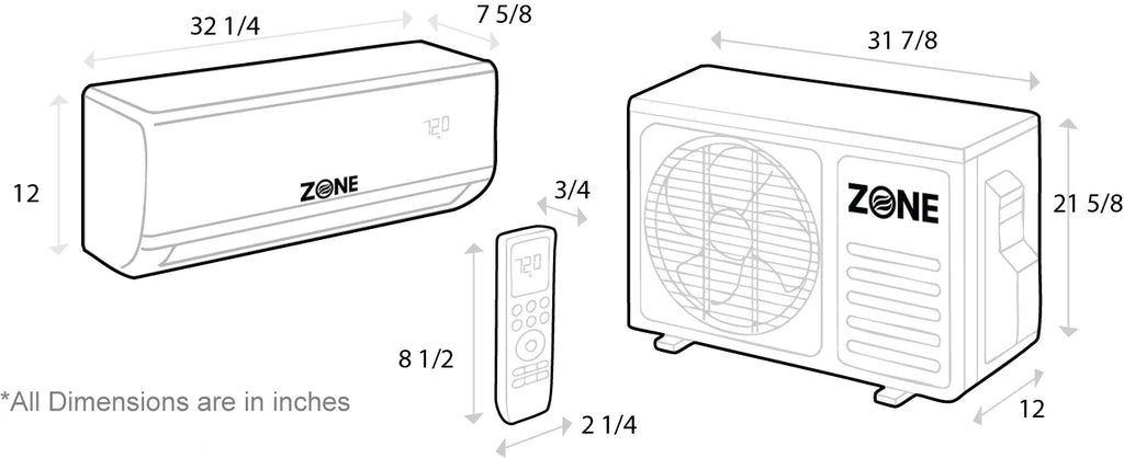 Zone Air DIY 9,000 BTU 24 SEER2 230V Wall Mount Ductless Mini-Split He - unit dimensions