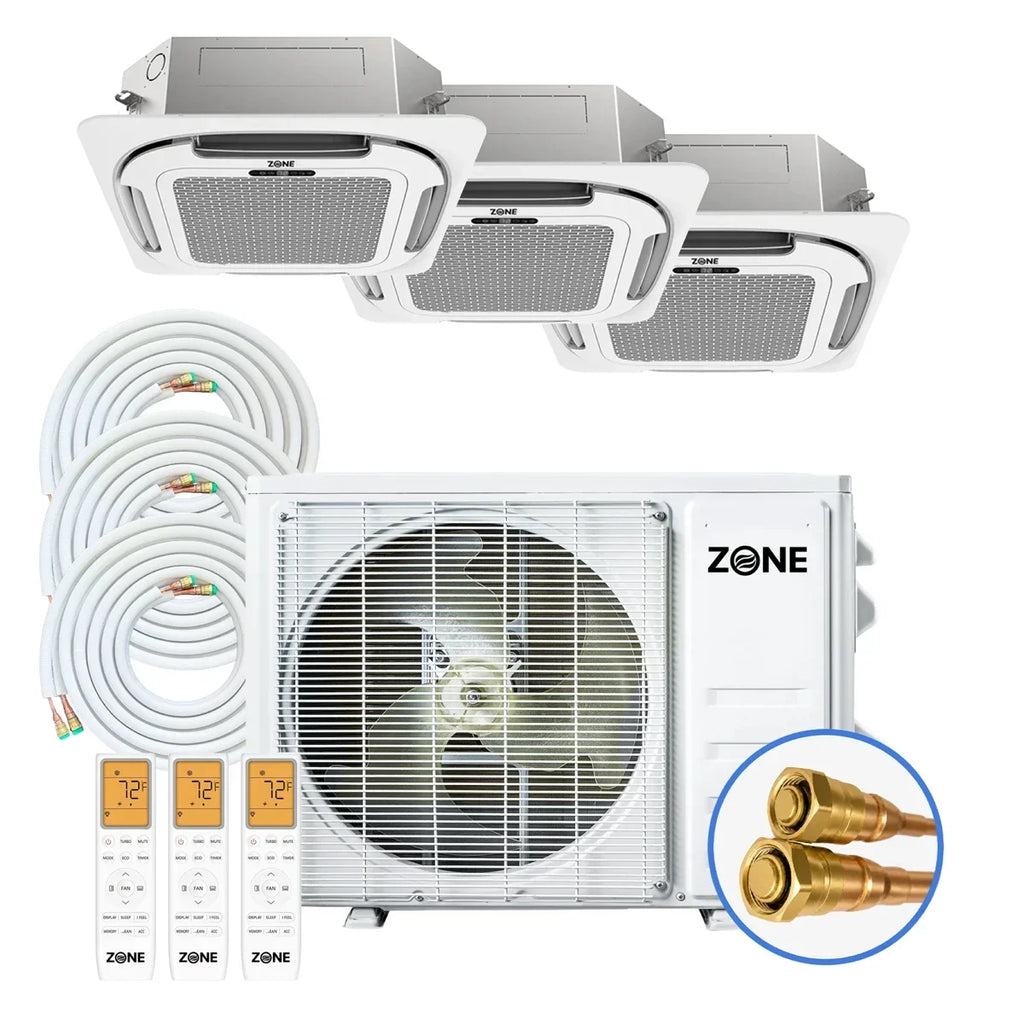 Zone Air 3 Zone 36,000 BTU (12K+12K+12K) DIY Ceiling Cassette Mini Split Heat Pump System, 24 SEER2, 230V, Recessed Ceiling Mount, 3x Pre-Charged Quick Connect Linesets (No Vacuum Pump), Up to 1,800 Sq Ft