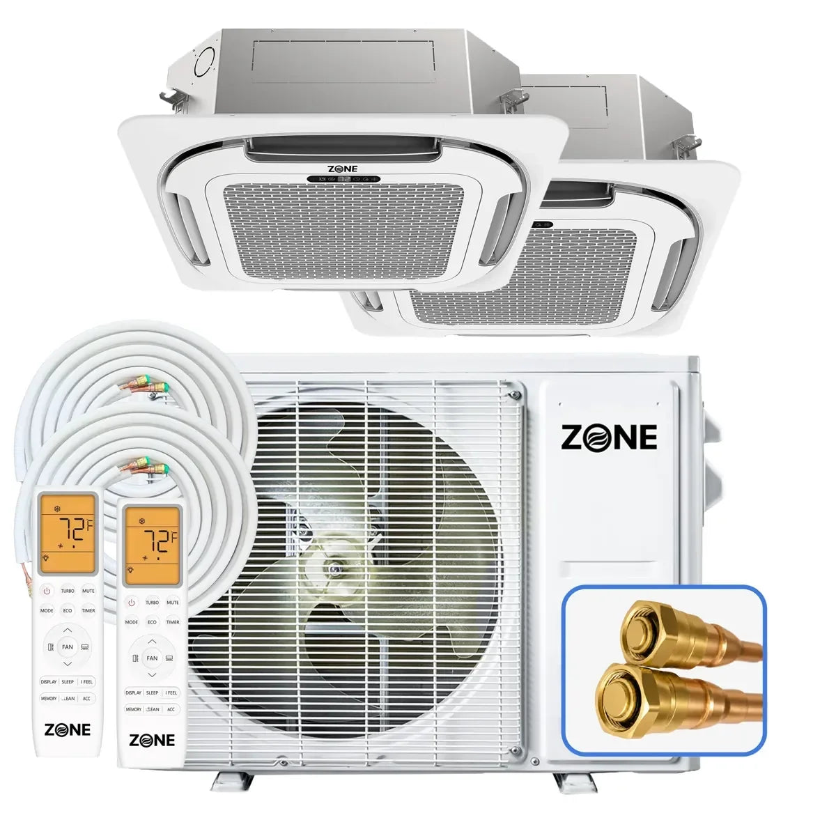 Zone Air Dual Zone 24,000 BTU (12K+12K) DIY Ceiling Cassette Mini Split Heat Pump System, 21 SEER2, 230V, Recessed Ceiling Mount, 2x Pre-Charged Quick Connect Linesets (No Vacuum Pump), Up to 1,200 Sq Ft