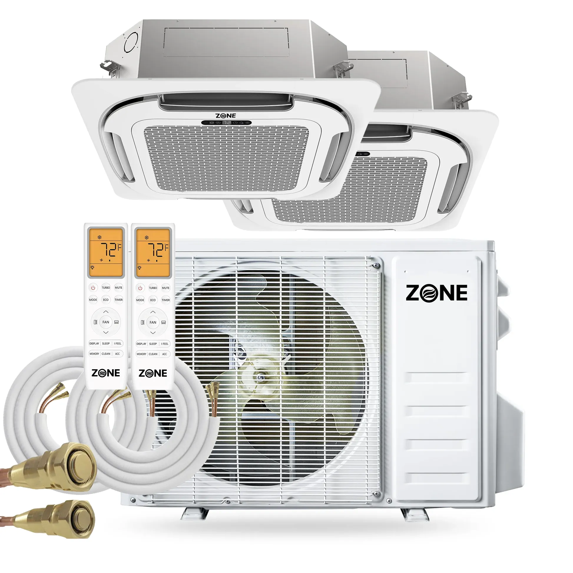 Zone Air® Airframe DUAL ZONE 21,500 BTU (12K+9.5K) 21 SEER2 230V Ceiling Cassette Mini-Split Heat Pump System with 2x Pre-Charged Linesets - Up to 1,075 Sq Ft
