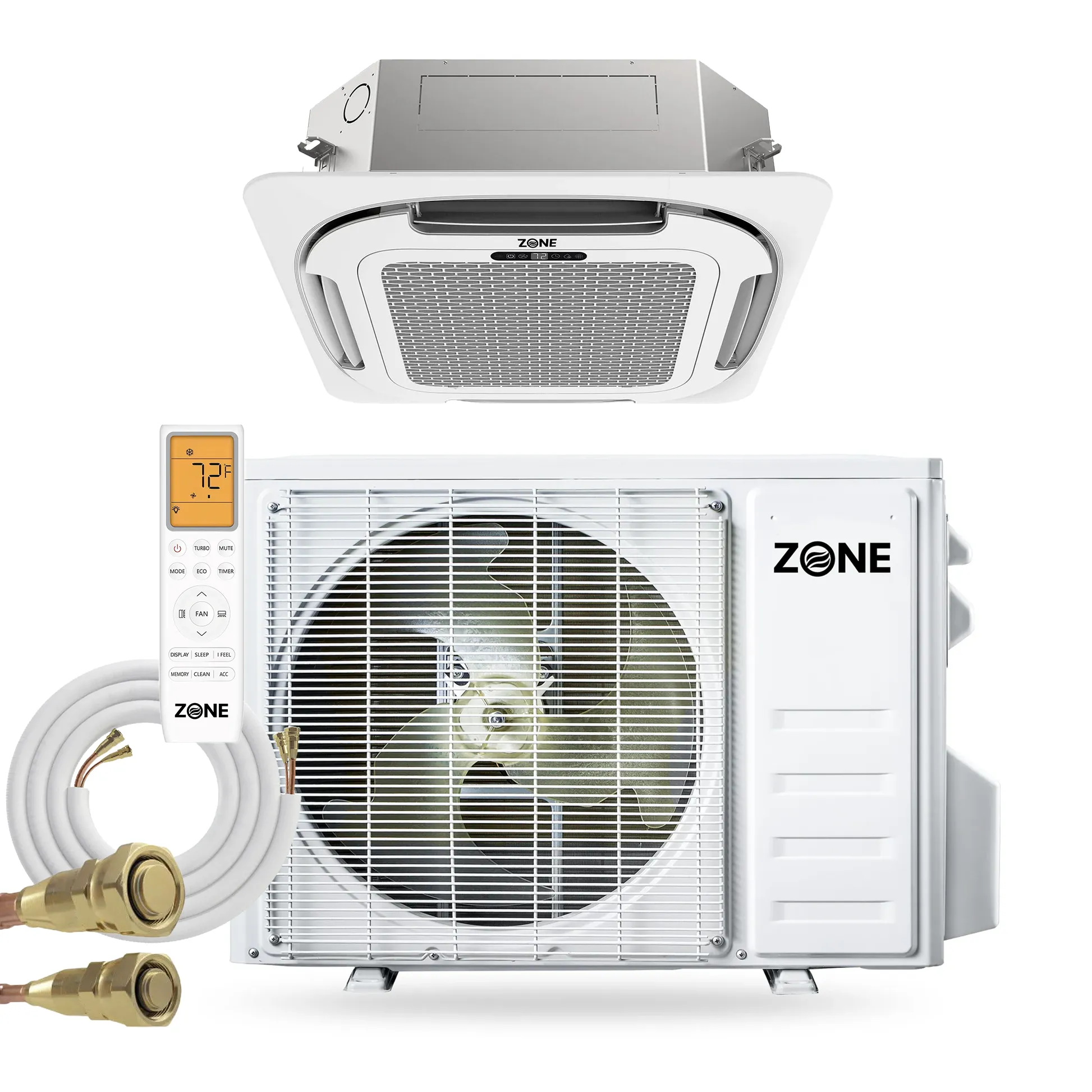 Zone Air® Airframe 9,500 BTU 21 SEER2 230V Ceiling Cassette Mini-Split Heat Pump AC with Pre-Charged Lineset - Up to 475 Sq Ft