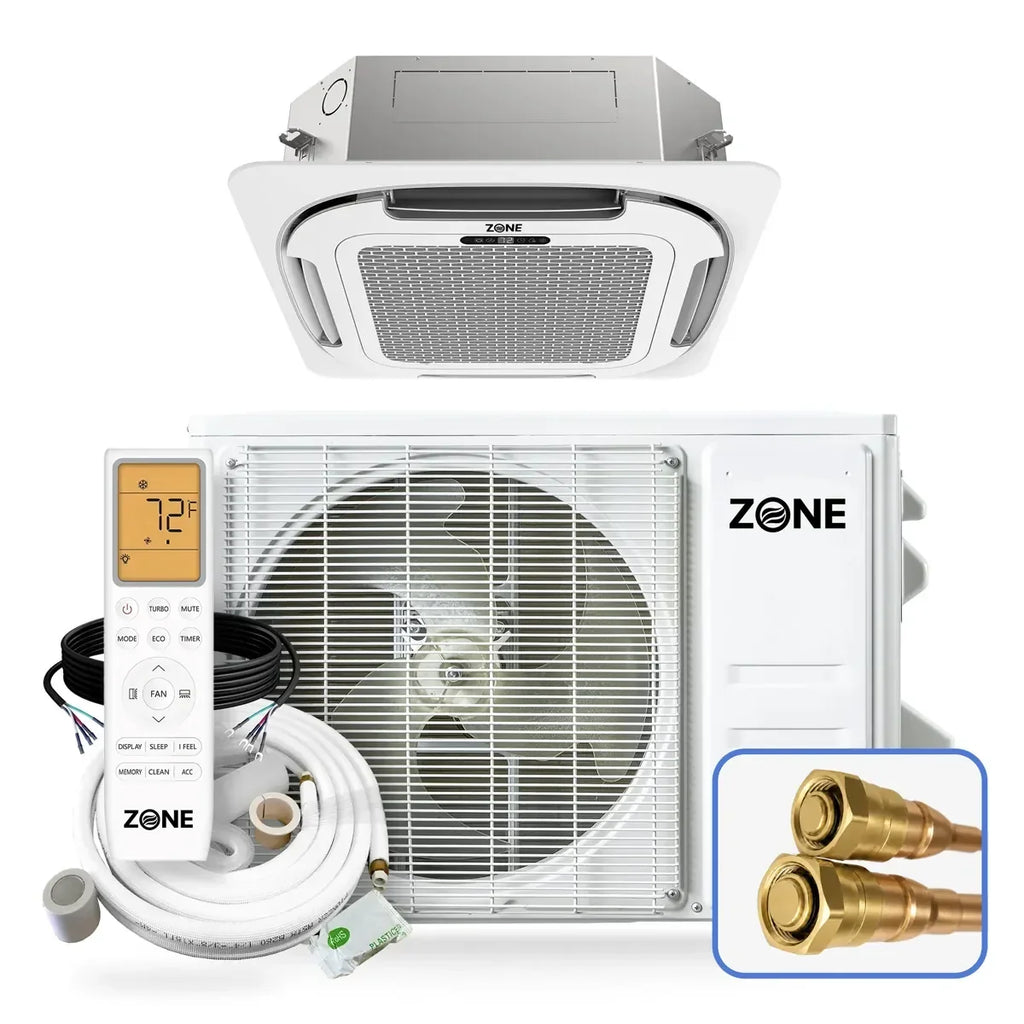 Zone Air 12,000 BTU DIY Ceiling Cassette Mini Split Heat Pump, 21 SEER2, 230V, Recessed Ceiling Mount, Pre-Charged Quick Connect Lineset (No Vacuum Pump), Heats to -13°F, Up to 600 Sq Ft