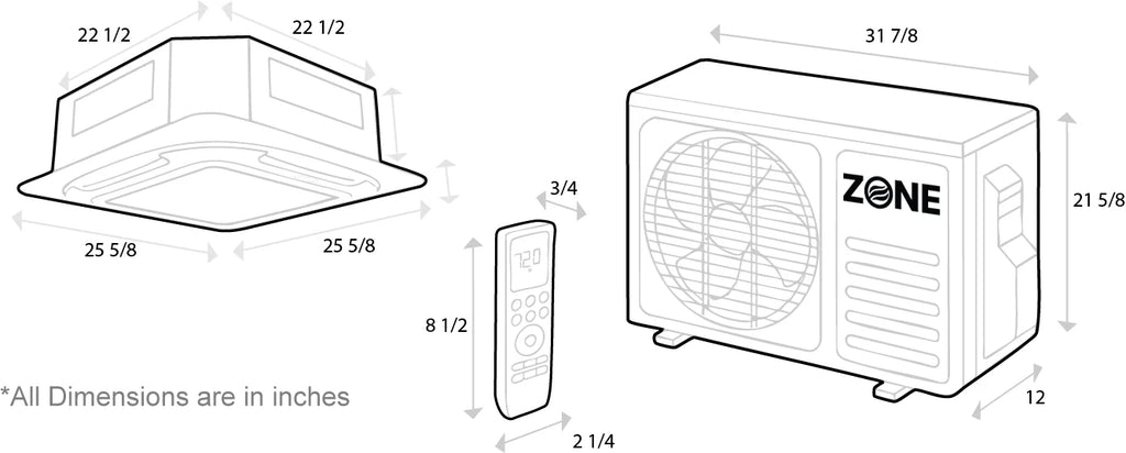 Zone Air Airframe 12,000 BTU 21 SEER2 230V Ceiling Cassette Mini-Split - unit dimensions