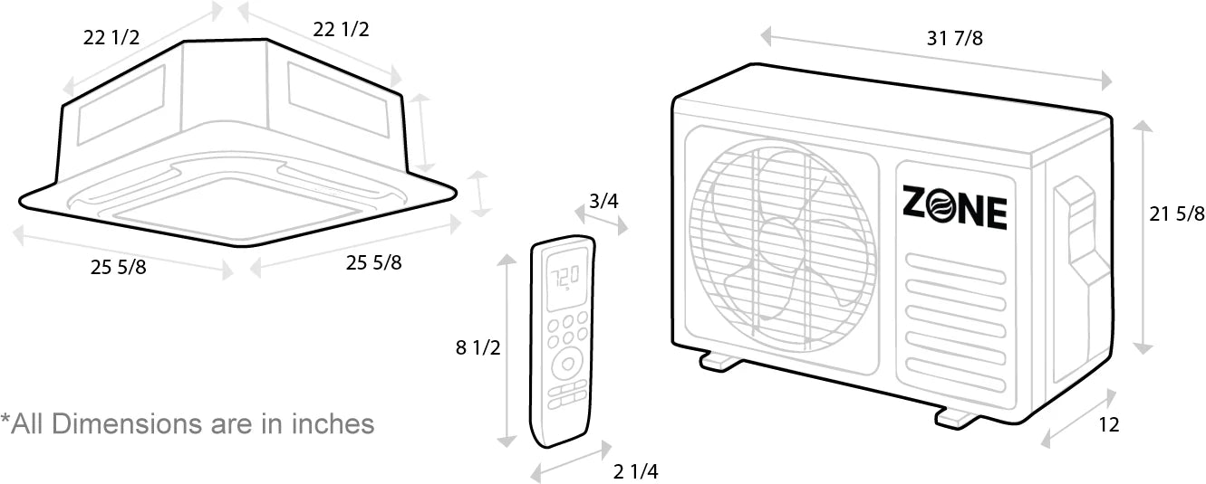 Zone Air Airframe 9,500 BTU 21 SEER2 230V Ceiling Cassette Mini-Split  - unit dimensions