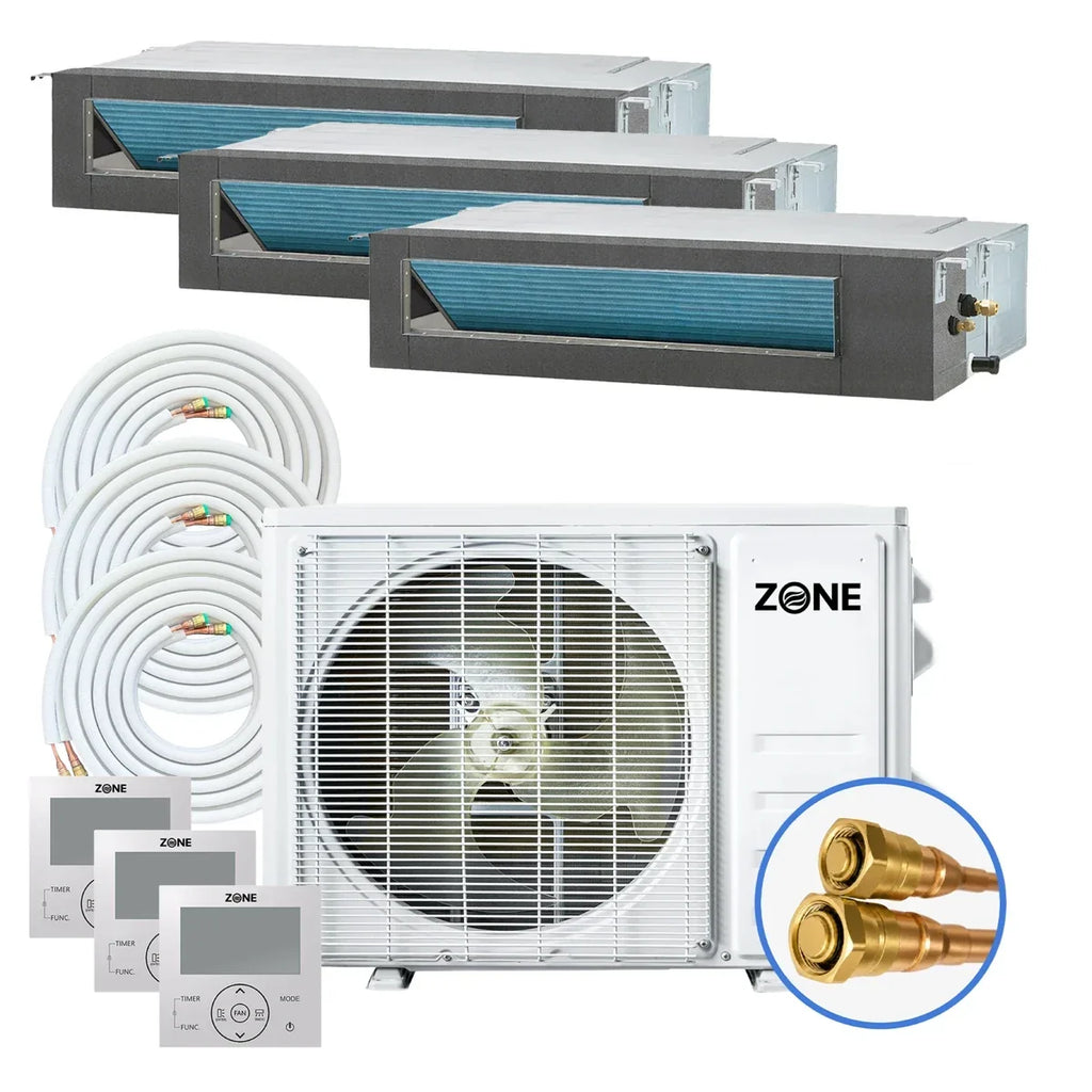 Zone Air 3 Zone 33,000 BTU (11K+11K+11K) DIY Concealed Ducted Mini Split Heat Pump System, 22 SEER2, 230V, Hidden In-Ceiling Install, 3x Pre-Charged Quick Connect Linesets (No Vacuum Pump), Up to 1,650 Sq Ft