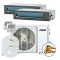 Zone Air Dual Zone 22,000 BTU (11K+11K) DIY Concealed Ducted Mini Split Heat Pump System, 19 SEER2, 230V, Hidden In-Ceiling Install, 2x Pre-Charged Quick Connect Linesets (No Vacuum Pump), Up to 1,100 Sq Ft