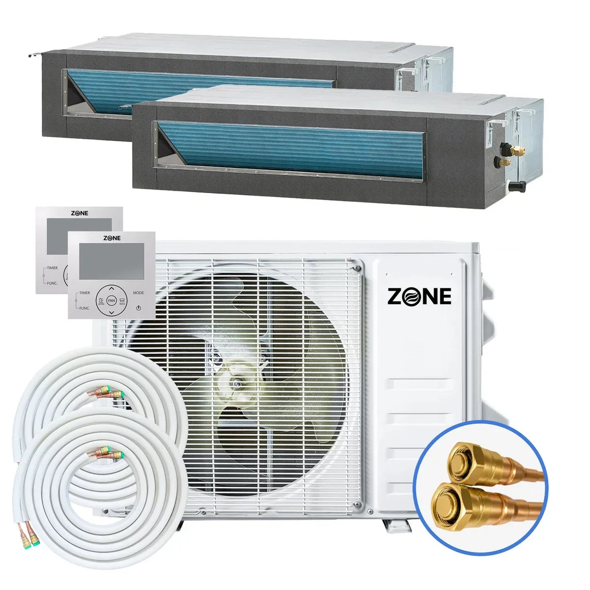 Zone Air Dual Zone 19,000 BTU (9.5K+9.5K) DIY Concealed Ducted Mini Split Heat Pump System, 19 SEER2, 230V, Hidden In-Ceiling Install, 2x Pre-Charged Quick Connect Linesets (No Vacuum Pump), Up to 950 Sq Ft