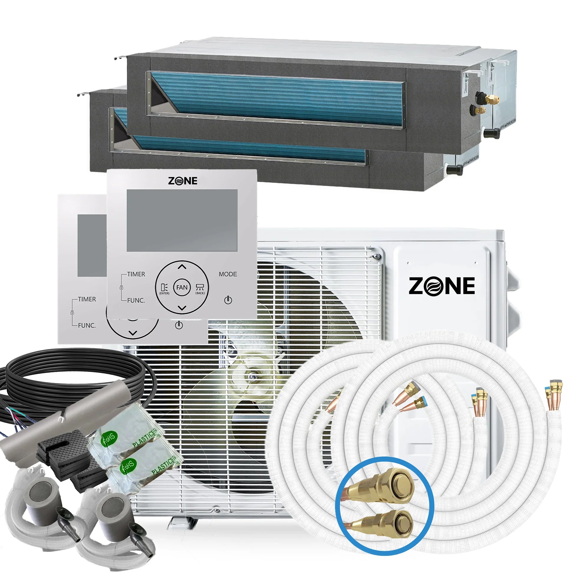 Zone Air® Thin-Air DUAL ZONE 20,500 BTU (11K+9.5K) 19 SEER2 230V Concealed Mini-Split Heat Pump System - Up to 1,025 Sq Ft