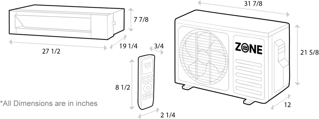 Zone Air Thin-Air 9,500 BTU 19.6 SEER2 230V Concealed Mini-Split Heat  - unit dimensions