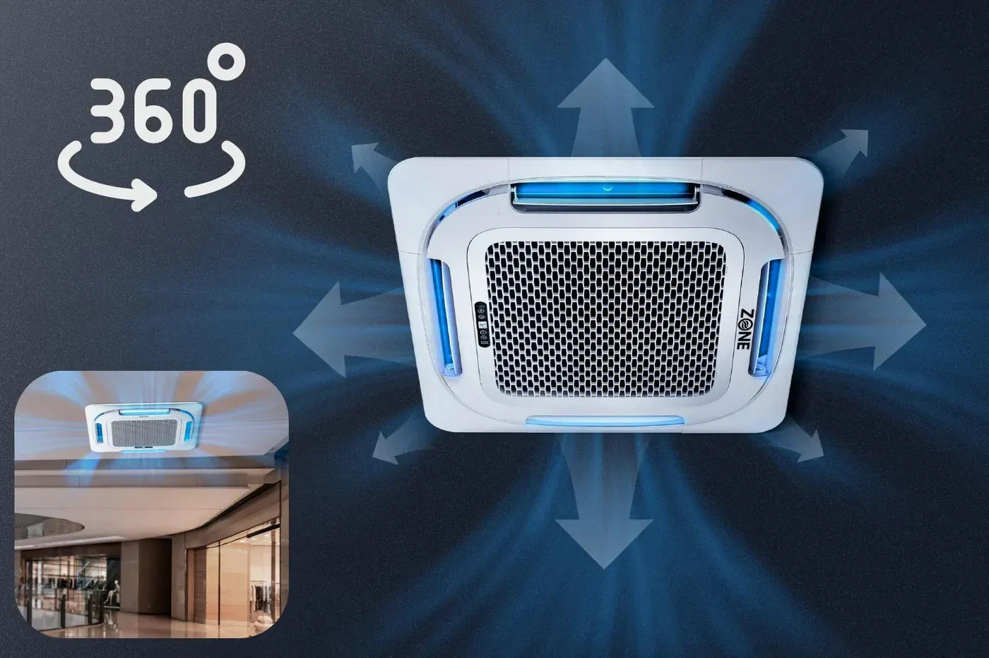 Zone Air Airframe 9,500 BTU 21 SEER2 230V Ceiling Cassette Mini-Split  - 360-degree air distribution