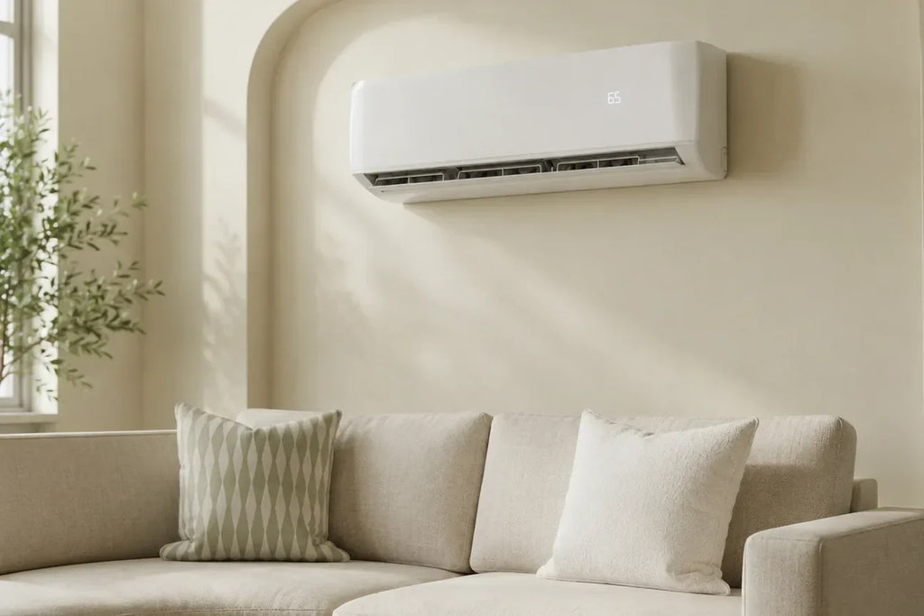 Wall mounted mini split air conditioner above a living room sofa