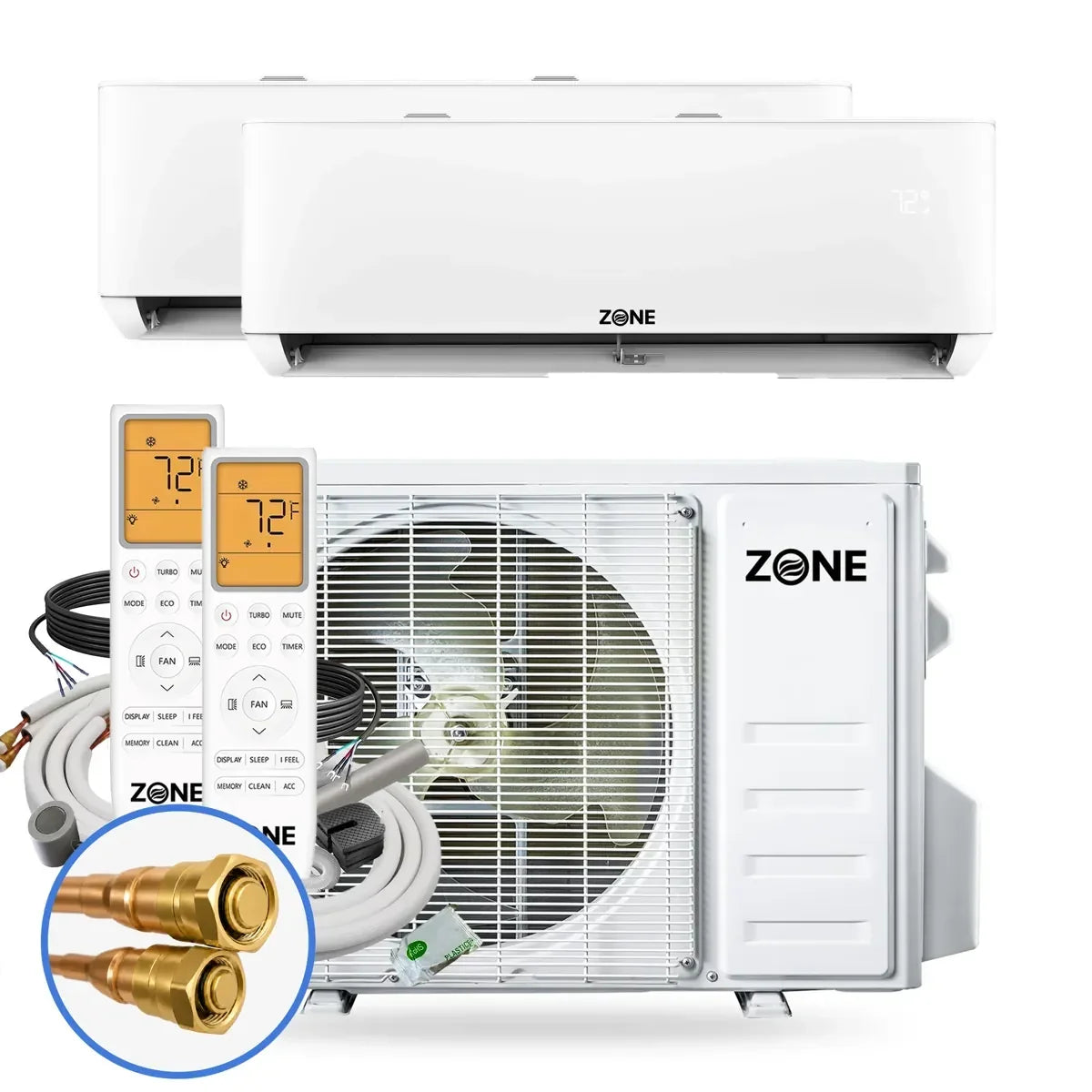 Zone Air Dual Zone 21,000 BTU (12K+9K) DIY Mini Split AC & Heat Pump, 24 SEER2, 230V, WiFi, Wall Mount, 2x Pre-Charged Quick Connect Linesets (No Vacuum Pump), Up to 1,050 Sq Ft