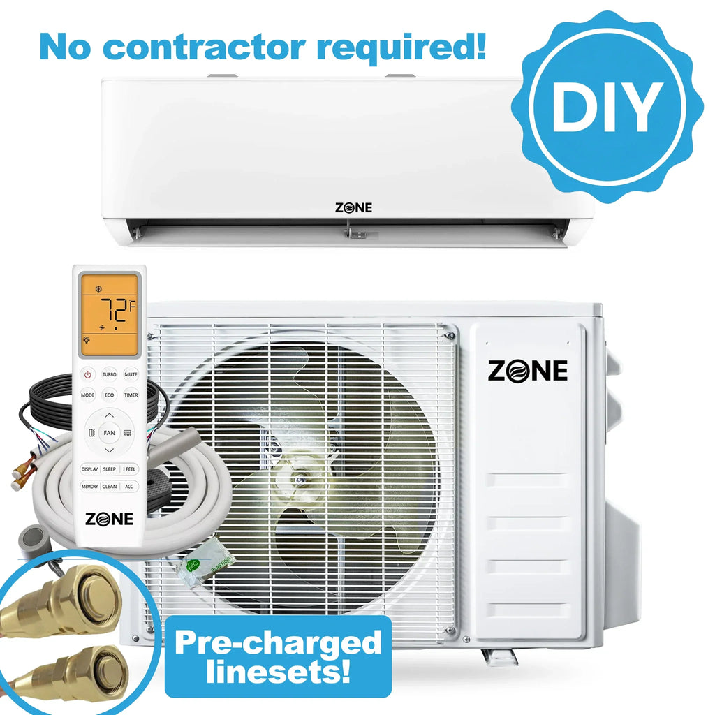 Zone Air DIY 9,000 BTU 230V wall mount mini-split with pre-charged lineset, easy do-it-yourself install, no vacuum required
