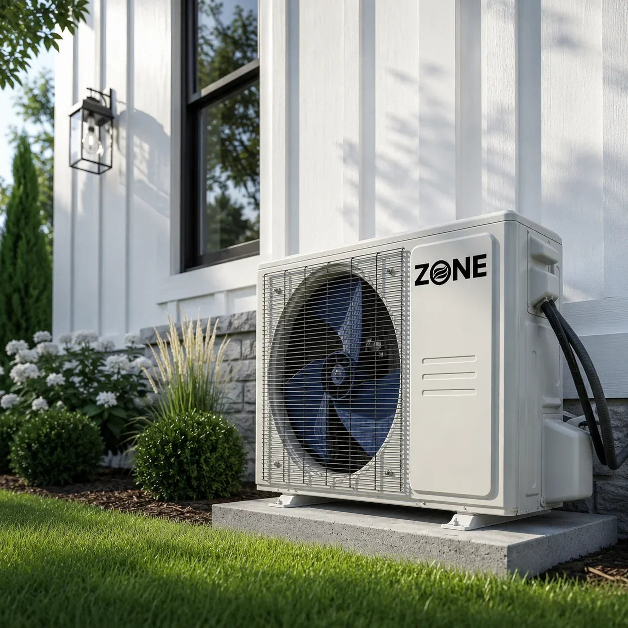 Zone Air mini split outdoor condenser installed beside a home